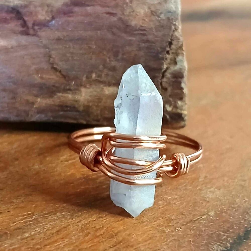 Dyed Lavender Quartz Crystal Beaded Ring, Wire Wrapped, Copper, Size 9